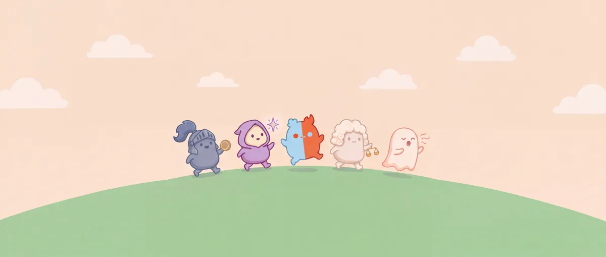 The cast of jagomoko on a hill: a Knight, a Seer, Moko, a Judge and a Bard.